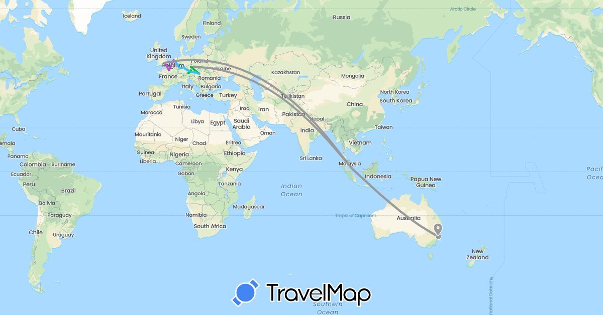 TravelMap itinerary: bus, plane, train, boat in Austria, Australia, Czech Republic, Germany, France, United Kingdom, Hungary, Netherlands, Singapore, Slovakia (Asia, Europe, Oceania)